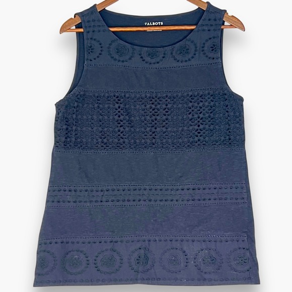 Talbots Eyelet Tank Top Coquette 100% Cotton‎ Navy Blue Neutral Minimalist M - Picture 1 of 8